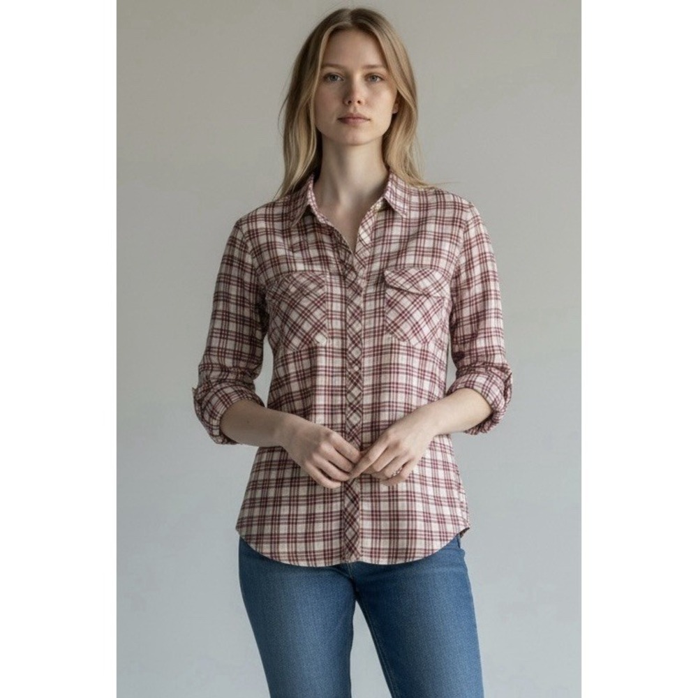Orvis Button Up Shirt Women's Size M Pink White Plaid Roll Tab Sleeves Stretch